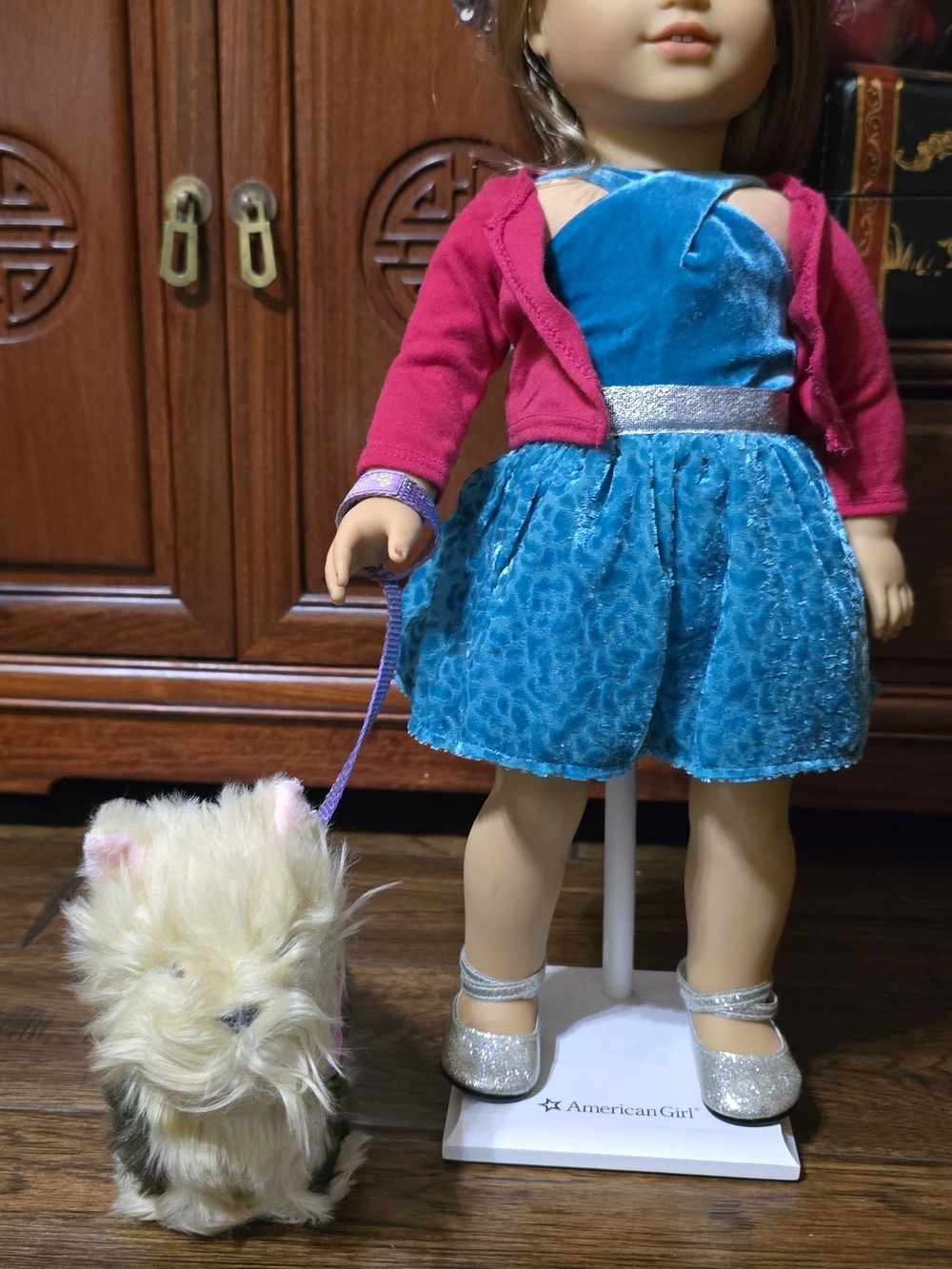 American Girl Doll Teal Velvet Dress with Pink Cardigan and Silver Accents.